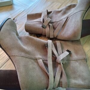 Saks Fifth Avenue Saxon Suede Leather Tan Suede Mid Calf Boots Size 10 3.5" Heel